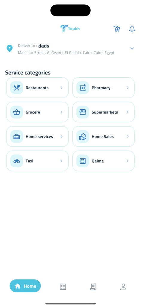 Toukh app home screen showing service categories